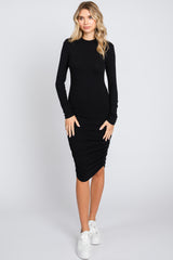 Black Ribbed Mock Neck Ruched Long Sleeve Dress