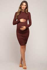 Brown Ribbed Mock Neck Ruched Long Sleeve Maternity Dress