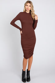 Brown Ribbed Mock Neck Ruched Long Sleeve Dress