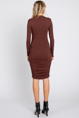 Brown Ribbed Mock Neck Ruched Long Sleeve Dress