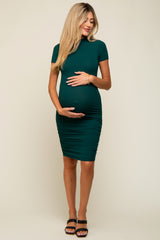 Hunter Green Ribbed Ruched Short Sleeve Maternity Dress