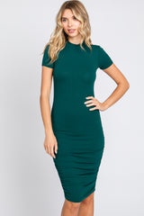 Hunter Green Ribbed Ruched Short Sleeve Maternity Dress