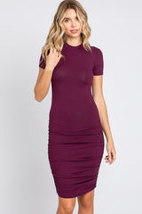 Plum Ribbed Ruched Short Sleeve Dress