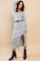 Heather Grey Long Sleeve Front Slit Maternity Sweater Maxi Dress