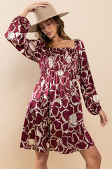 Burgundy Floral Satin Long Sleeve Maternity Dress