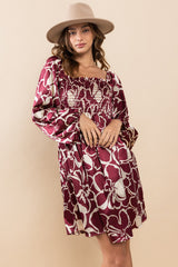 Burgundy Floral Satin Long Sleeve Dress