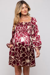 Burgundy Floral Satin Long Sleeve Maternity Dress