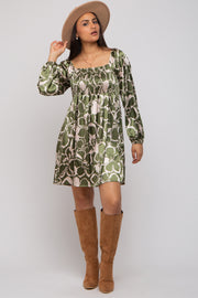 Olive Floral Satin Long Sleeve Dress