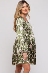 Olive Floral Satin Long Sleeve Maternity Dress