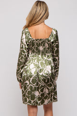 Olive Floral Satin Long Sleeve Maternity Dress