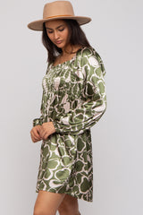 Olive Floral Satin Long Sleeve Dress