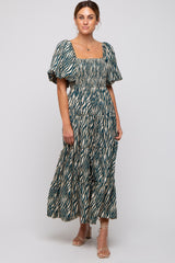 Teal Printed Smocked Maxi Dress