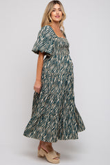 Teal Printed Smocked Maternity Maxi Dress