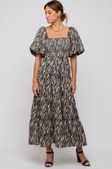 Charcoal Printed Smocked Maxi Dress