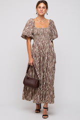 Brown Printed Smocked Maternity Maxi Dress