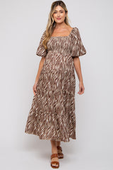 Brown Printed Smocked Maternity Maxi Dress