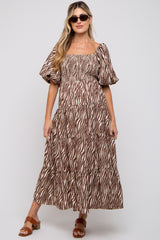 Brown Printed Smocked Maternity Maxi Dress