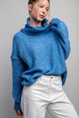 Blue Turtleneck Boucle Sweater