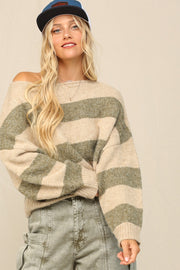 Olive Striped Knit Cropped Sweater