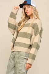 Olive Striped Knit Cropped Sweater