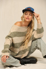 Olive Striped Knit Cropped Sweater