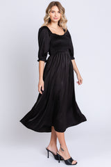 Black Satin Smocked Midi Dress