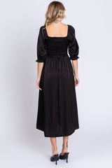 Black Satin Smocked Midi Dress