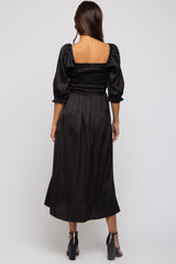 Black Satin Smocked Maternity Midi Dress