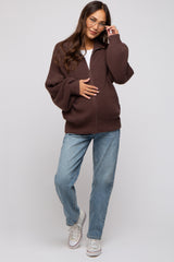 Brown Oversized Zip Up Maternity Cardigan