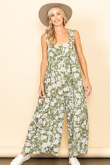 Light Olive Floral Ruffle Strap Jumpsuit