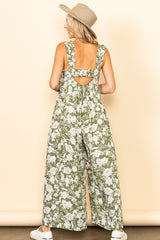 Light Olive Floral Ruffle Strap Jumpsuit