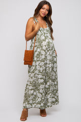 Light Olive Floral Ruffle Strap Maternity Jumpsuit