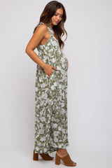 Light Olive Floral Ruffle Strap Maternity Jumpsuit