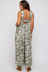 Light Olive Floral Ruffle Strap Maternity Jumpsuit