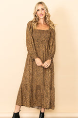 Camel Leopard Print Square Neck Smocked Midi Dress