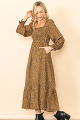 Camel Leopard Print Square Neck Smocked Midi Dress