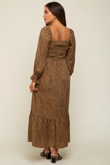 Camel Leopard Print Square Neck Smocked Maternity Midi Dress