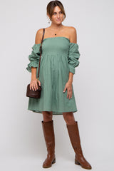 Green Smocked Off Shoulder Long Sleeve Maternity Dress