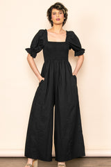 Black Smocked Square Neck Wide Leg Maternity Jumpsuit