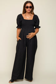 Black Smocked Square Neck Wide Leg Maternity Jumpsuit