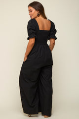 Black Smocked Square Neck Wide Leg Maternity Jumpsuit