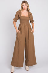 Brown Smocked Square Neck Wide Leg Jumpsuit