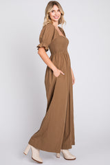 Brown Smocked Square Neck Wide Leg Jumpsuit