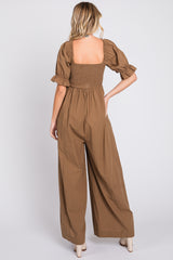 Brown Smocked Square Neck Wide Leg Jumpsuit