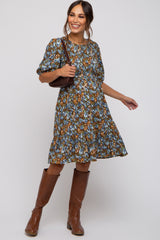 Brown Floral Smocked Puff Sleeve Maternity Dress