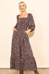 Navy Blue Floral Square Neck Ruffle Maxi Dress