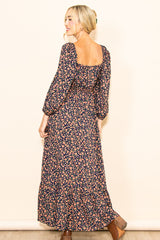 Navy Blue Floral Square Neck Ruffle Maxi Dress