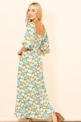 Teal Floral Print Off Shoulder Smocked Maxi Dress