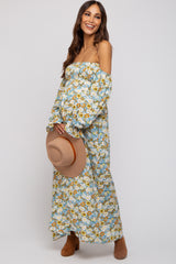 Teal Floral Print Off Shoulder Smocked Maternity Maxi Dress