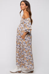 Taupe Floral Print Off Shoulder Smocked Maternity Maxi Dress